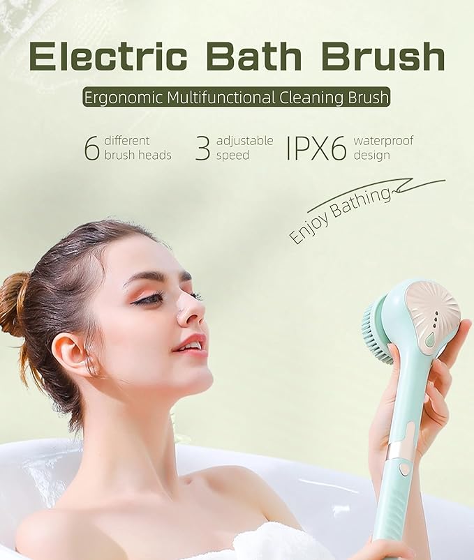 Electric Body Brush Back Scrubber for Shower, IPX6 Water Proof Bath Brush with Long Handle, 6 Heads 3 Speeds Rechargeable Electric Spin Scrubber for Cleanse, Massage, Exfoliate