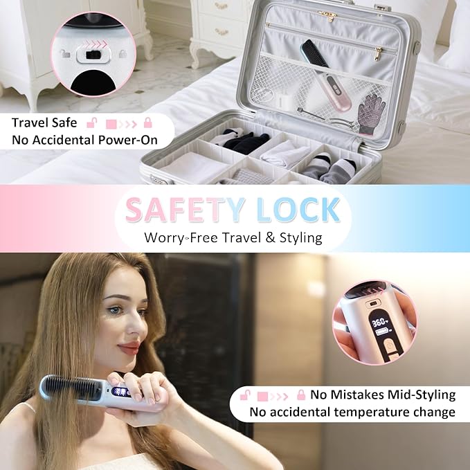 BEAUTYOVO Travel & TSA-Friendly Cordless Hair Straightener Brush - Professional Straightening Brush for On-The-Go | 65W Fast Charge in 30 Min | 6 Heat Settings & 300M Ions for Frizz-Free Salon Finish
