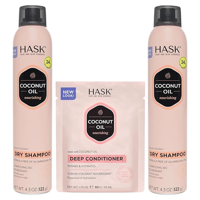 HASK Dry Shampoo Duo (4.3oz-Qty 2) & Deep Conditioner Packette, Aluminum-Free, Sulfate-Free, Paraben-Free, Color Safe, for All Hair Types (Coconut)