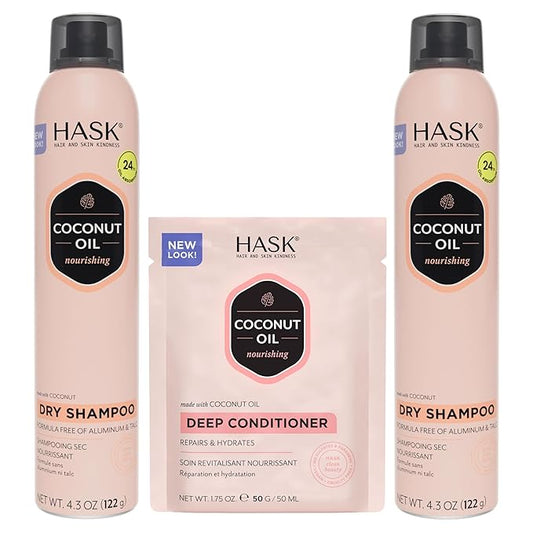 HASK Dry Shampoo Duo (4.3oz-Qty 2) & Deep Conditioner Packette, Aluminum-Free, Sulfate-Free, Paraben-Free, Color Safe, for All Hair Types (Coconut)