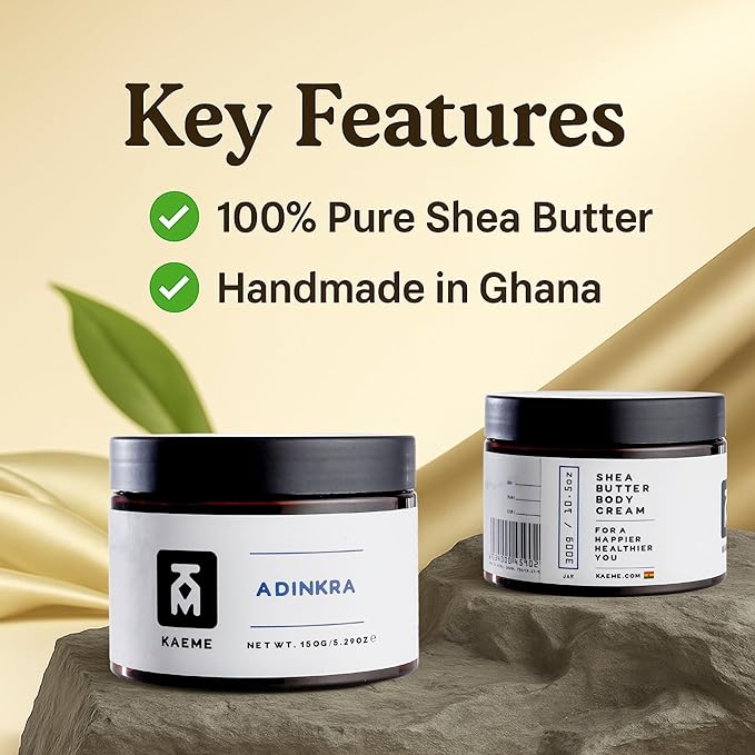 Kaeme Adinkra Whipped African Shea Body Butter, Made with Raw Organic Unrefined Shea Butter, Deep Moisturizer With Coconut Oil for Skin Protection, Natural Skincare for Women & Men (10.5oz / 300g Jar)