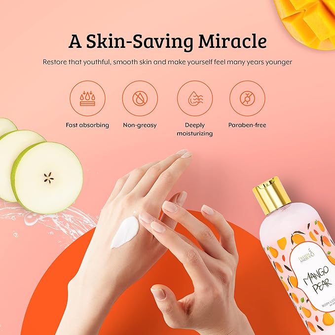 Freida and Joe Scented Body Lotion For Women, Deep Moisturizing Hand Cream, Womens Luxury Stocking Stuffers & Fragrance Gifts That Smell Good, 10oz (Mango Pear)