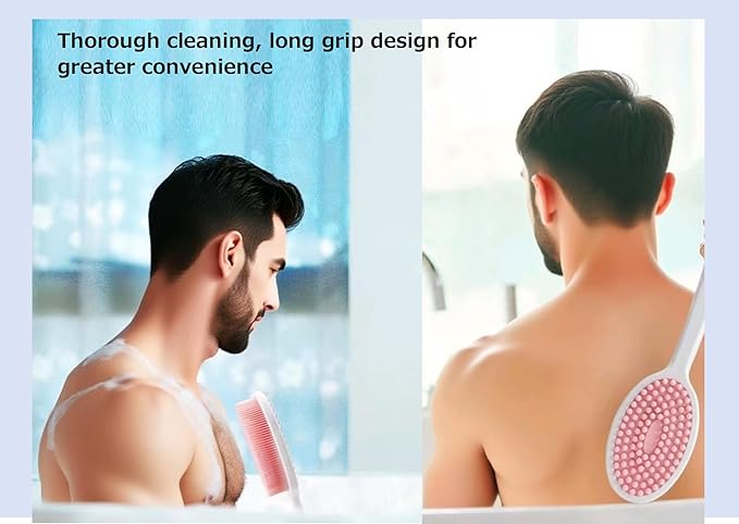 14.5inch Silicone Back Scrubber for Shower 2pcs（Blue）,Exfoliating Shower Brush,Double Sided for Exfoliating and Massage，Long Handle Back Scrubber for Men and Women. Includes 2 Hooks (2 Brushes)