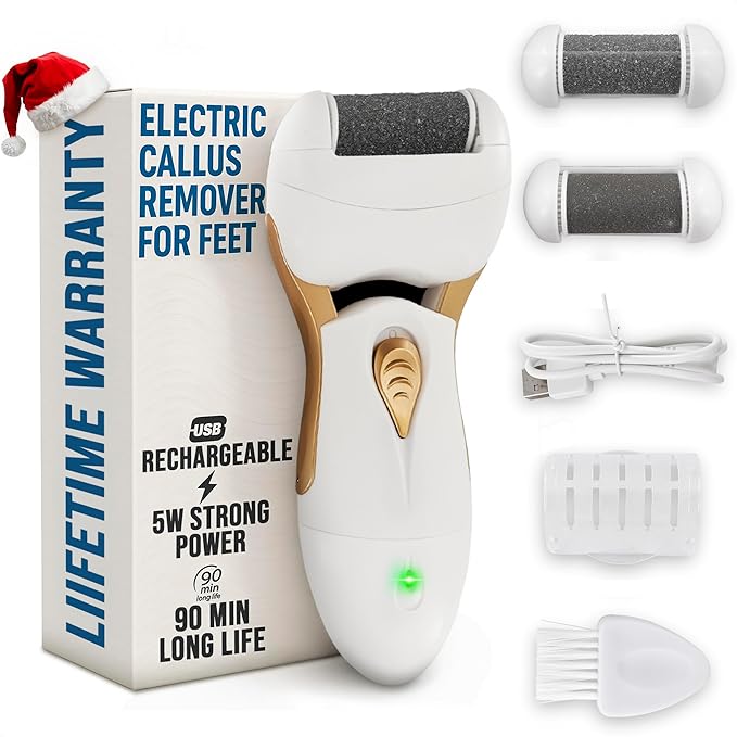 Electric Callus Remover for Feet – 5W Electric Foot Filer, 90-Min Runtime Foot Sander with Fast 2H Charge & 3 Replacement Rollers – Hard Skin Remover for Feet with Ergonomic Handle for Easy Grip