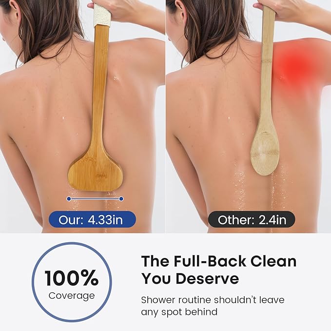 Bamboo Back Scrubber with Curved Long Handle, 17.3 Inches Exfoliating Shower Brush with Stiff Bristles for Men and Women, Back Washer Body Exfoliator for Bath or Dry Brushing