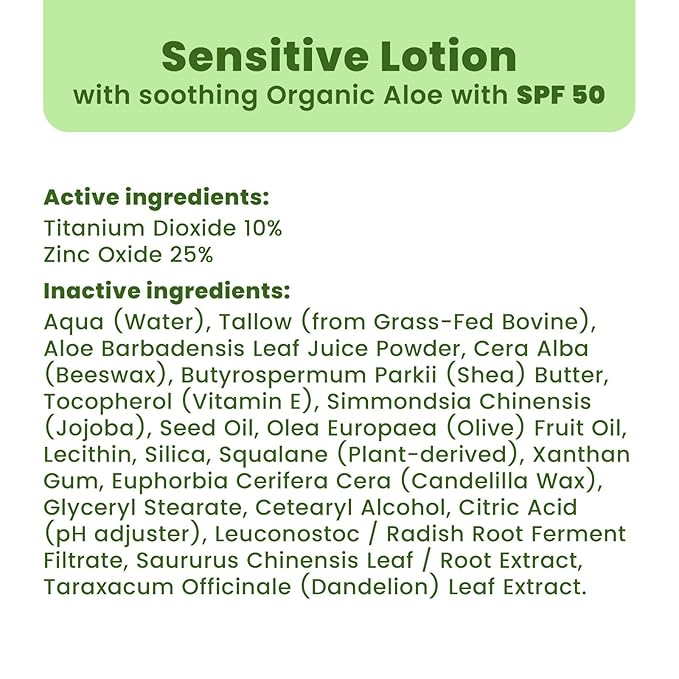 Mineral Sunscreen SPF 50 Lotion with Non-Nano Zinc Oxide, Reef Safe Broad Spectrum Sunblock, Water Resistant 80 Min, Natural Tallow Moisturizing Formula for Face and Body, Zinc Mineral Sunscreen 3.4oz