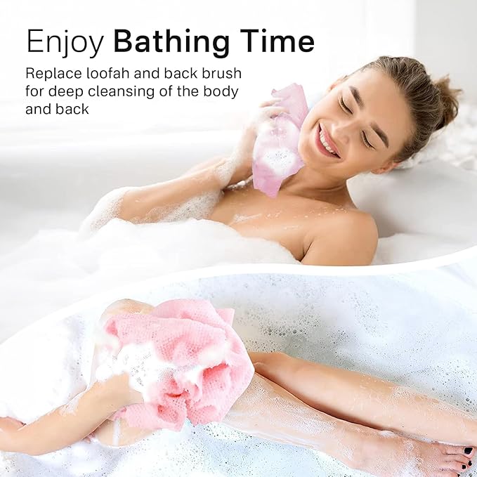 Yiclick Exfoliating Washcloth Towel, Japanese Exfoliating Bath Wash Cloth for Body Exfoliation, Korean Back Scrubber Washer for Shower, African Net Sponge Brush Loofah Exfoliator (Pink)