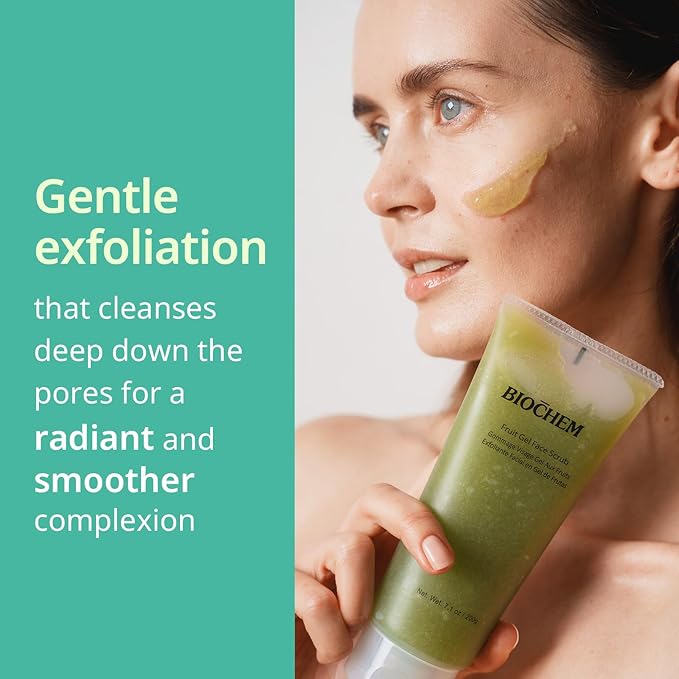 BIOCHEM Fruit Gel Face Scrub, Gentle Face Exfoliator Deep Clean Facial Scrub for black head remover for face, Exfoliating, Smooth, Hydrated, Daily Facial Scrub for All Skin Types (7.1 fl oz / 200 g)