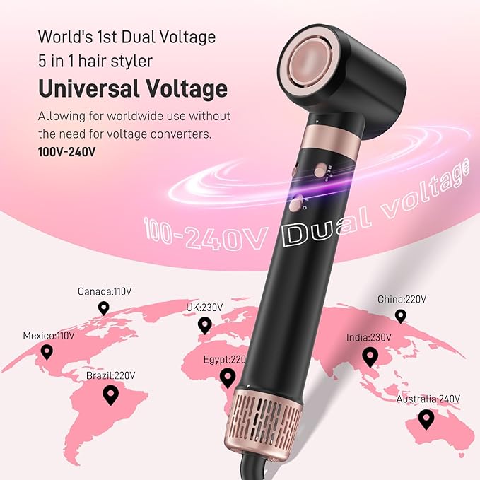 5 in 1 Dual Voltage Hot Air Styler - Professional Hair Dryer Brush for Fast Drying, Curling, Straightening & Volumizing | Low Heat Damage + Negative Ions + Travel-Friendly(Black + Pink)