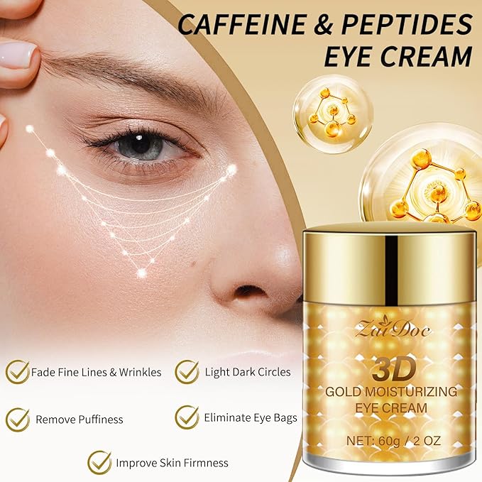 Gold Moisturizing Eye Cream, Hydrating Under Eye with Hyaluronic Acid, Glycerin, Delicate Eye Skin Increase Skin Elasticity for All Skin Types, 2oz