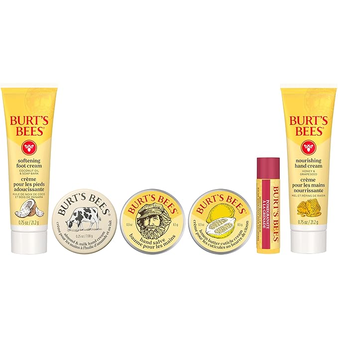 Burt's Bees Christmas Gifts - Tips and Toes Kit, 6 Travel Size Products for Stocking Stuffers - Pomegranate Moisturizing Lip Balm, 2 Hand Creams, Foot Cream, Cuticle Cream, and Hand Salve