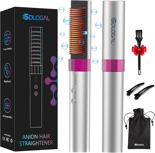 SDLOGAL Rechargeable Hair Straightener Brush, Hair Straightener Comb Straightening Brush for Women, with 5 Temps & Fast Heating, Easy and Fast Salon-Style, Built-in Double Ionic Generators