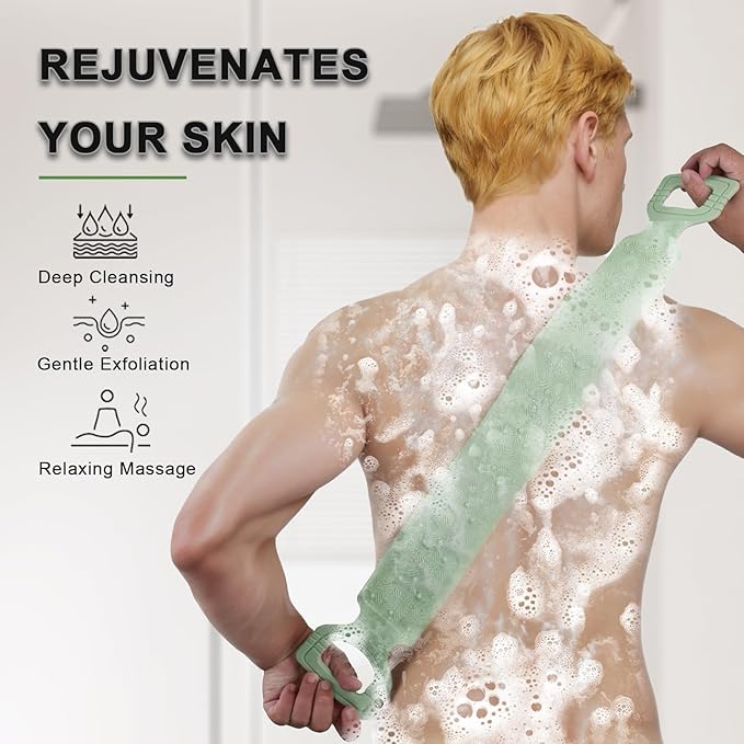 Exfoliating Back Scrubber for Shower,Double-Sided Back Scrub Washcloth Strap,Cover The Entire Back for Men Women,Silicone Back Massage Bath Brush,Exfoliate and Massage (Green)