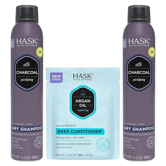 HASK Charcoal Clarifying Dry Shampoo Duo (4.3oz-Qty 2) & Argan Oil Repairing Deep Conditioner Packette, Aluminum-Free, Sulfate-Free, Paraben-Free, Color Safe, for All Hair Types