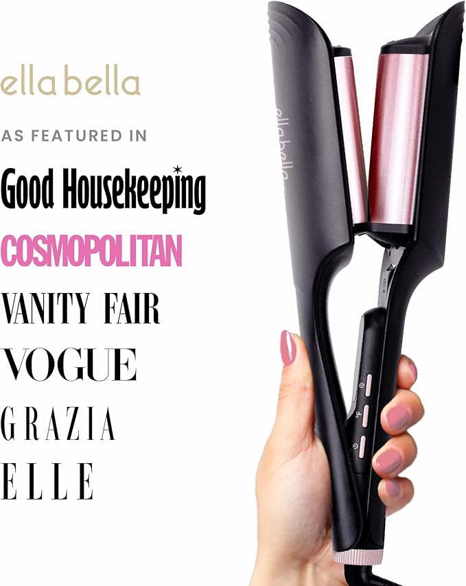ELLA BELLA® Ultimate Waver Curling Iron • Crimper Hair Tool • Adjustable Heat Settings • Dual Voltage Hair Curler • Anti-Scald Tech • Ionic Ceramic Coating for Long-Lasting, Frizz-Free Beach Waves