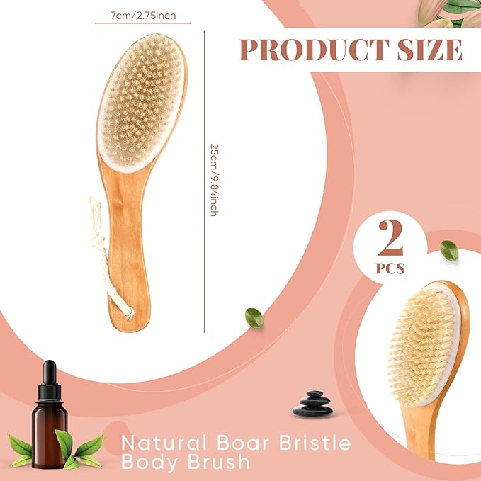 Gerrii 2 Pcs Dry Brushing Body Brush Natural Boar Bristle with Contoured Wooden Handle for Back Legs Feet Exfoliates Dead Skin