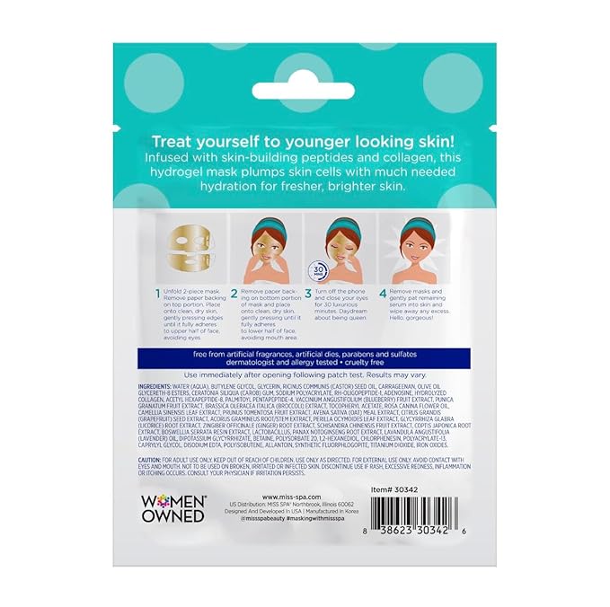 MISS SPA Boost Glow Hydrogel Facial Mask Collagen & Peptide Infused Sheet Mask Moisturizing, Firming & Radiance-Boosting Skincare Treatment for Glowing Skin, Anti Aging Skin Care, 4 Pack