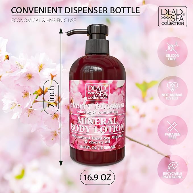 Dead Sea Collection Cherry Blossom Body Lotion - Nourishing Moisturizer for Women and Men - Rejuvenating Hand and Body Care for Dry Skin 16.9 Fl. Oz.