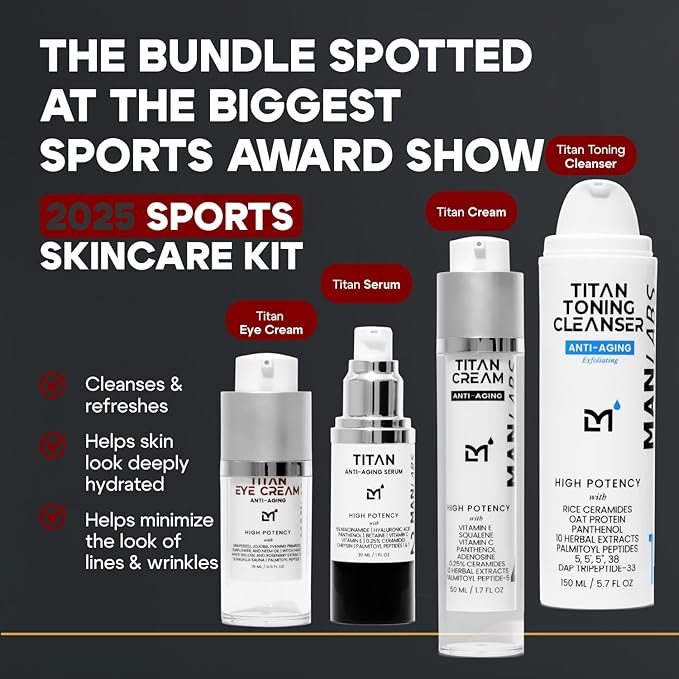 Titan Sports Anti-Aging Mens Skin Care Kit – Cleanser, Face Serum, Eye Cream, Face Moisturizer – Men, Skin Care Set – Dark Circles, Wrinkles, Fine Lines – Vitamin C, Niacinamide, HA–Unscented