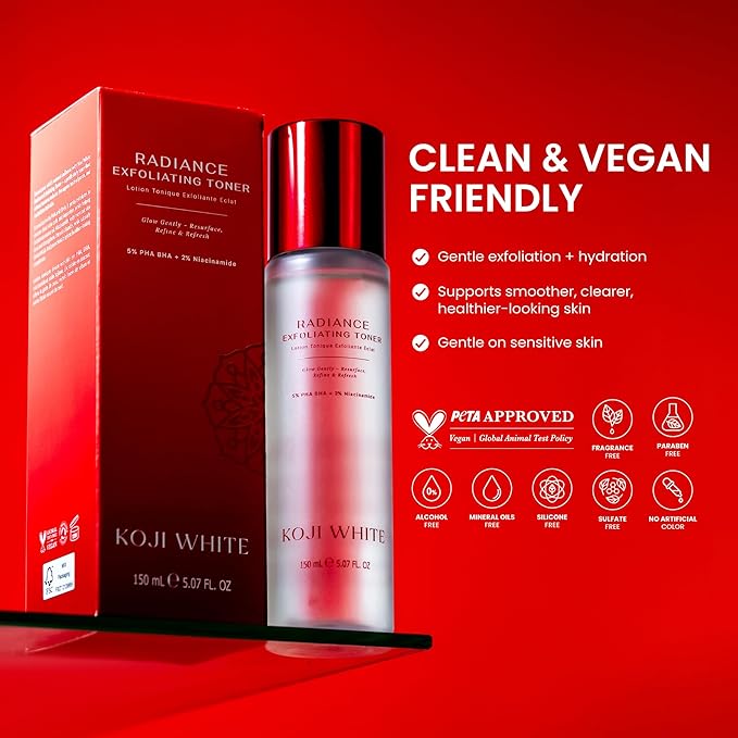 Koji White Exfoliating Toner for Face, 5% PHA BHA Toner | 2% Niacinamide, Kojic Acid & Hyaluronic Acid | Hydrating & Soothing Facial Toner | Unscented for Sensitive Skin, Vegan Skincare, 5.07 Fl Oz