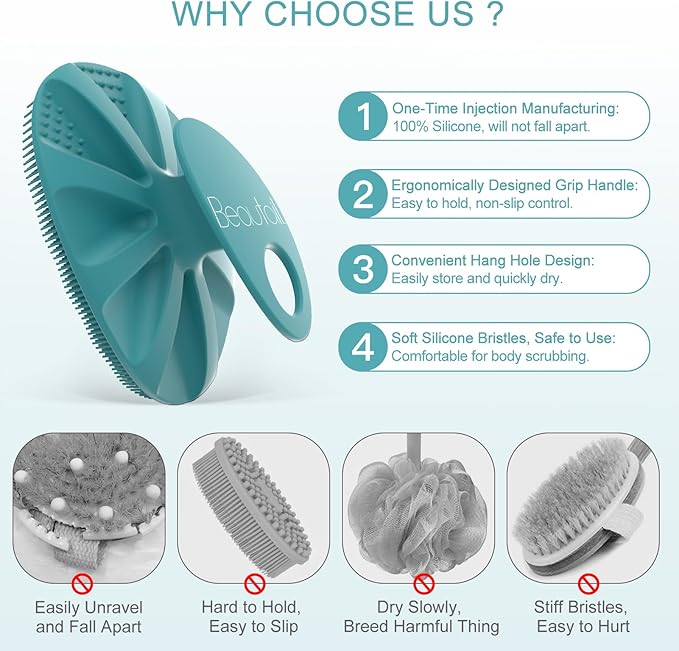 Silicone Body Scrubber Shower Bath Wash Brush Gentle Exfoliating Scrub Cleansing Loofah for Women Men Baby Sensitive Skin, Easy to Clean, Lather Nicely, More Hygienic, 1 Pack, Cyan