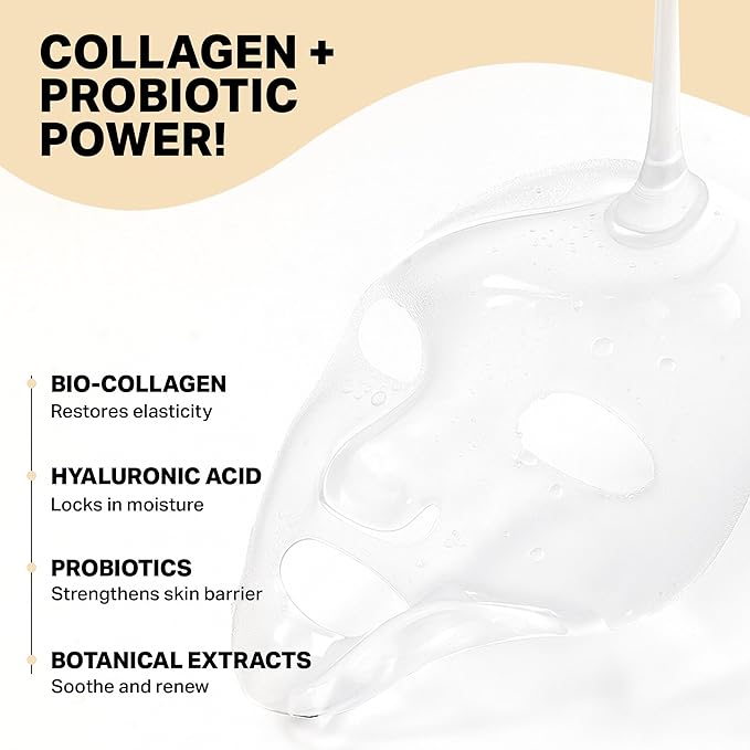 L'HIRONDELLE Collagen Face Mask, Bio Collagen face Mask, Deep Hydrating Sheet Mask Collagen and Probiotics, Overnight Mask for Women & Men Facial Skincare for Elasticity and Pore Minimizing 4 Pack