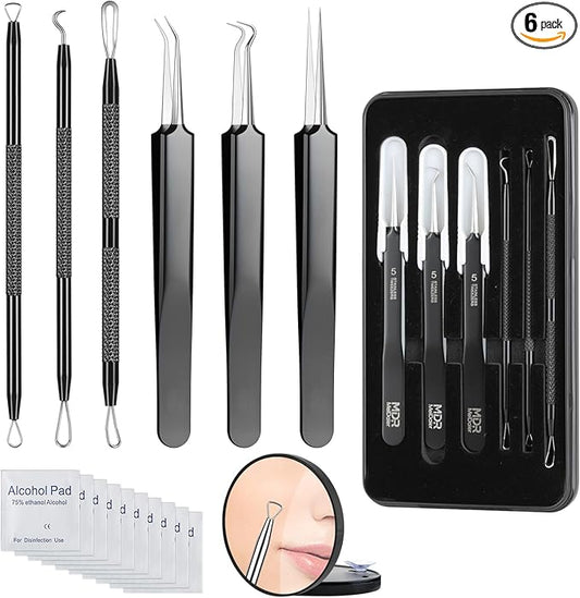 6PCS Blackhead Remover Comedone Extrator Kit, Pimple Extractor Acne Removal Tool Kit, Curved Blackhead Tweezers Kit, Comes with Alcohol Tablets and Magnifying Glasses for Blemish Removal (Iron Box)