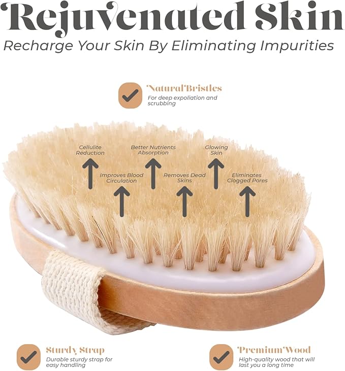 Dry Skin Body Brush - Improves Skin's Health and Beauty - Natural Bristle - Remove Dead Skin and Toxins, Cellulite Treatment, Improves Lymphatic Functions, Exfoliates, Stimulates Blood Circulation