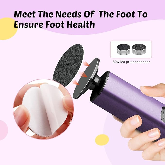 Electric Foot Callus Remover - 9-Speed with Glass Crystal Grinding Disc & Storage Box, 80/120 Grit Sandpapers (20pcs), 10 Nail Heads, Type-C Fast Charge for Dead Skin