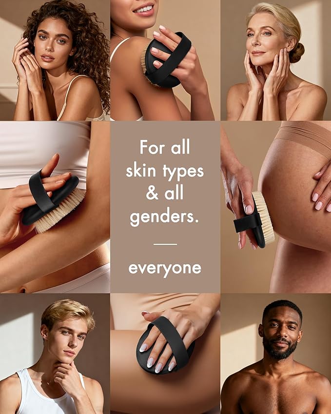 Dry Brushing Body Brush for Massage - Natural Boar Bristle Exfoliating Brush with Massage Nodes for Lymphatic Drainage, Cellulite, Blood Circulation Improving Skin Health for Women Men Elderly(Black)