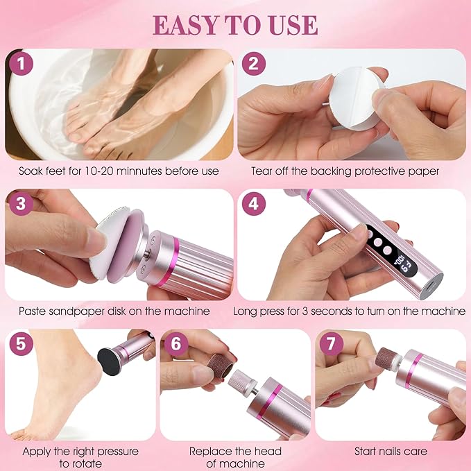 Electric Foot Callus Remover, 2 in 1 Callus Remover for Feet, 9 Adjustable Speeds with Sandpaper Disk and Nail Drill Bits, Digital Display, Rechargeable Pedicure Tools for Dead Skin(Pink)