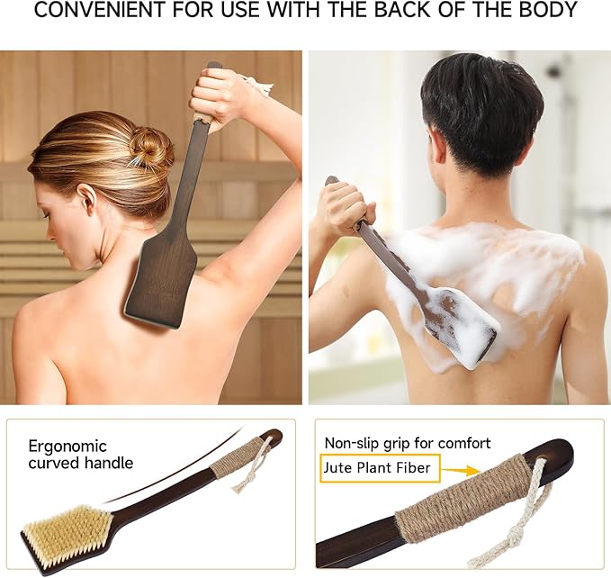 Back Scrubber Shower Brush,Dry Brushing Body Brush with 17.7 Inch Curved Long Handle, Natural Bristles for Lymphatic Drainage, Soft & Stiff Bristles Available (Soft-Fine Boar Bristles)