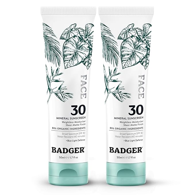 Badger Zinc Oxide Face Sunscreen SPF 30, Lightweight Mineral Sunscreen for Face, Matte Finish, No White Cast, Vegan, Water Resistant, Unscented, Mineral Sunblock Facial Lotion, 1.7 fl oz, 2-Pack