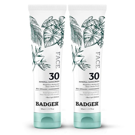 Badger Zinc Oxide Face Sunscreen SPF 30, Lightweight Mineral Sunscreen for Face, Matte Finish, No White Cast, Vegan, Water Resistant, Unscented, Mineral Sunblock Facial Lotion, 1.7 fl oz, 2-Pack
