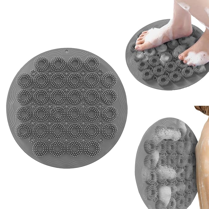Shower Foot Scrubber Mat & Silicone Back Scrubber with Soft Silicone Bristles,Quick Drying Foot Scrubber in Shower,Deep-Cleaning Wall Mounted Back Scrubber Silicone Bath(Gray)