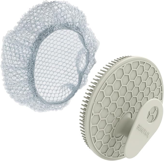 Silicone Body Scrubber with Scrub Net Set, BEAUTAIL 2 Pack for Rich Lather, Deep Cleansing, and Exfoliation – Durable, Easy to Clean, Gentle or Firmer Options – 1 Shower Brush Gray, 1 Scrub Net Gray