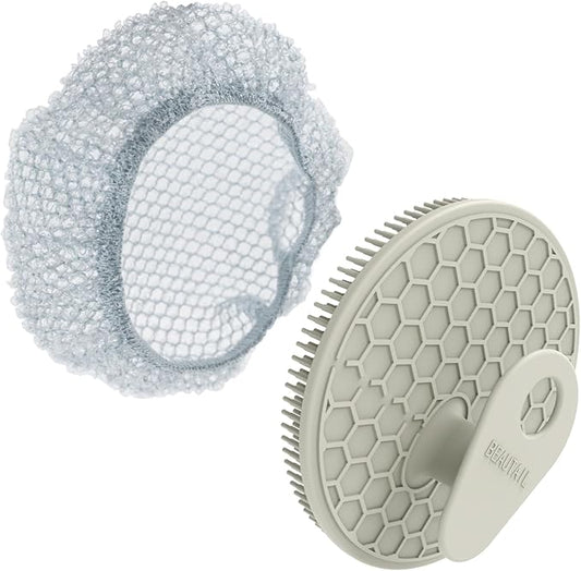 Silicone Body Scrubber with Scrub Net Set, BEAUTAIL 2 Pack for Rich Lather, Deep Cleansing, and Exfoliation – Durable, Easy to Clean, Gentle or Firmer Options – 1 Shower Brush Gray, 1 Scrub Net Gray
