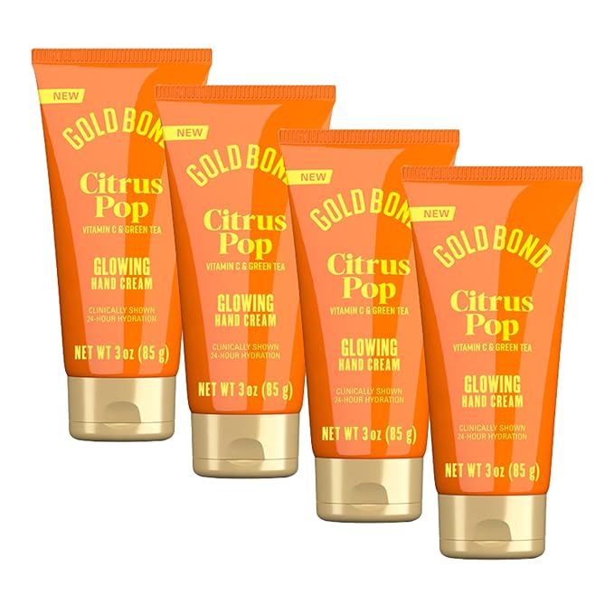 Gold Bond Citrus Pop Glowing Hand Cream, Everyday Hand Cream with Vitamin C to Help Visibly Brighten & Green Tea to Help Protect Skin from Environmental Stressors, Vibrant Citrus Pop Scent, 3 oz, 4 pk
