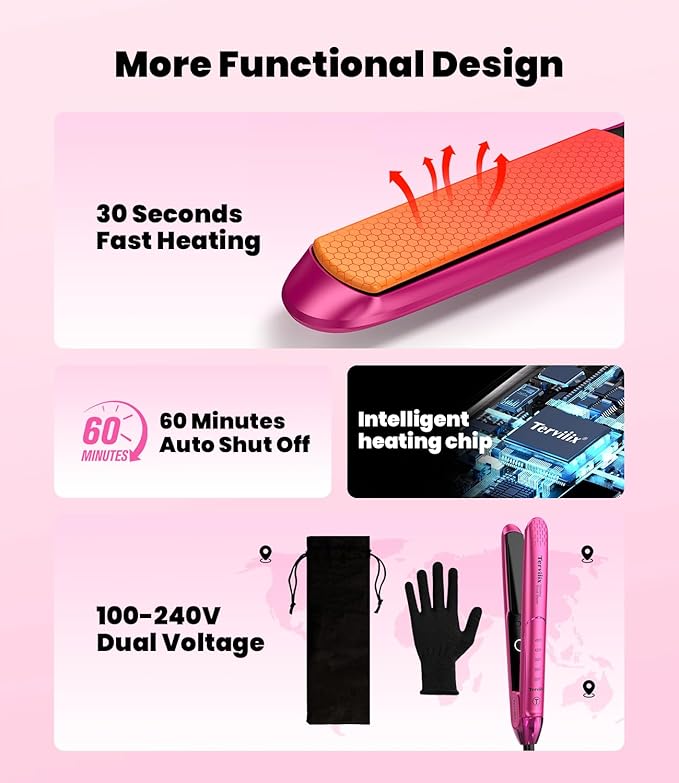 Terviiix Plancha De Cabello Profesional, 1 Inch Ceramic Flat Iron, Non-Snagging Plates, 3X Less Damage, 15s Fast Heating | Hair Straightener and Curler 2 in 1, 5 Adjustable Heat Settings, Hot Pink