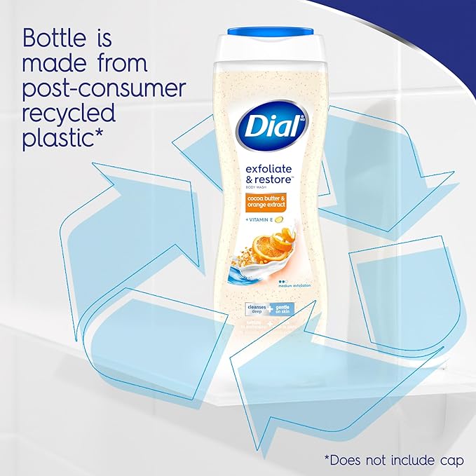 Dial Body Wash, Exfoliate & Restore Cocoa Butter & Orange Extract, 16 Fl Oz Pack of 4, With Vitamin E, Gentle, Leaves Skin Feeling Nourished, Dermatologist-Tested, No Parabens & Sulfates