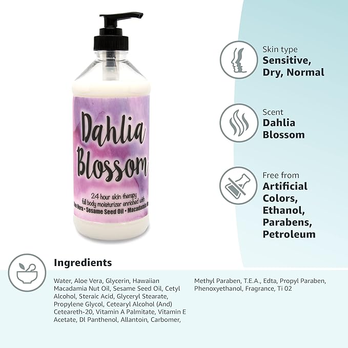 The Lotion Company Dahlia Blossom Lotion – 24 Hour Skin Therapy, Full Body Moisturizer with Aloe Vera & Vitamins, Paraben Free, Non-Greasy, Made in USA, 16 oz