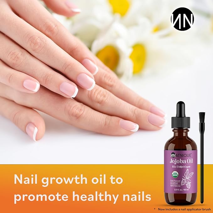 Natnique Organic Jojoba Oil 2oz – Nail Brush Included – USDA Certified, Cold Pressed, Unrefined & Hexane-Free – Pure Moisturizer for Hair, Face, Skin, Beard, Scalp, Nails & Cuticles – Natural Care
