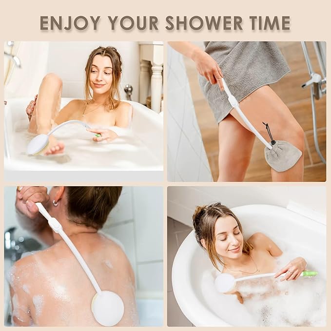 Back Scrubber Bath Brush for Shower Curved Long Handle, Foldable Handled Shower Body Brush Whith Absorbent Microfiber Bag Can Quickly Dry Your Back
