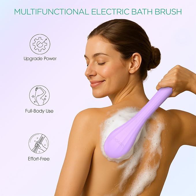 VOYOR Electric Body Brush Back Scrubber Silicone Body Scrubber Two-Way Rotating Brush Head for Deep Cleaning, Exfoliation, 4 Attachments Long Handle IPX6 Rechargeable Shower Brush BC300 (Purple)