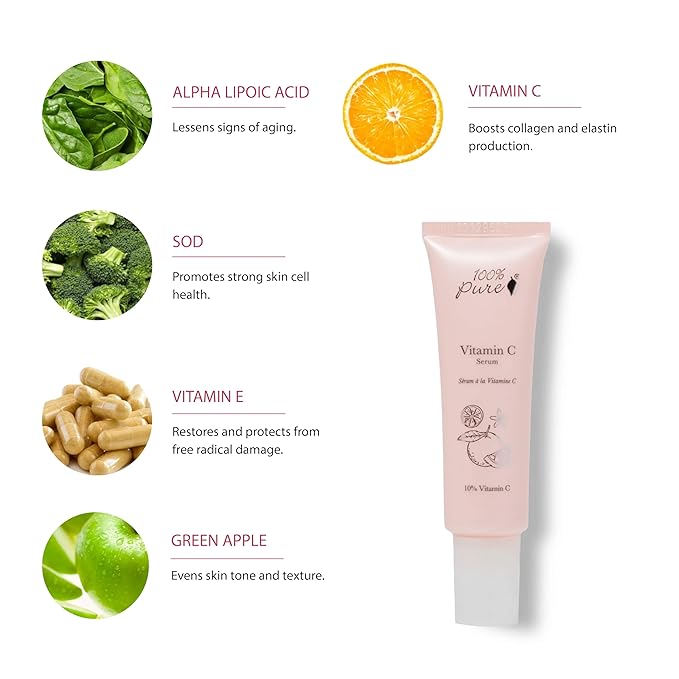 100% PURE Vitamin C Face Serum Hydrating Glow Skin Care with ALA Aloe + Vitamin E Oil - Daily Firming & Correcting Anti Aging Facial Moisturizer for Women & Men All Skin Types, Vegan - 1 Fl Oz