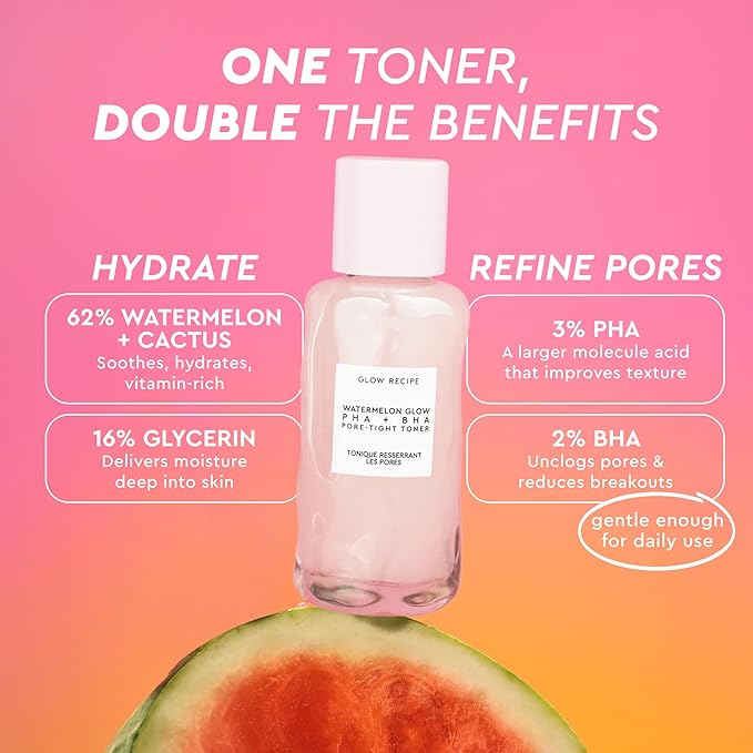 Glow Recipe PHA + BHA Face Toner - Korean Skin Care Pore Minimizer & Gentle Facial Exfoliator for Tightening, Hydrating & Exfoliating - Glycerin, Watermelon & Cactus Water (40ml)