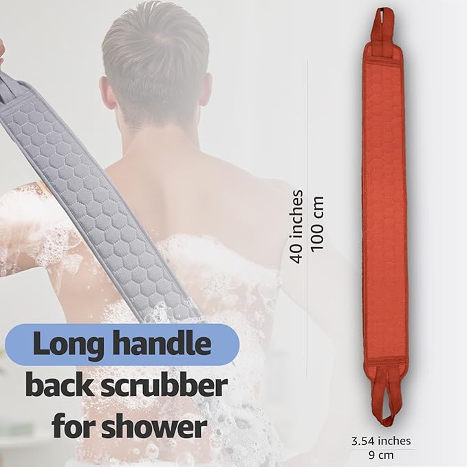 Back Scrubber for Shower with Handles, 40 Inch Extra Long Double-Sided Exfoliating Bath Strap, Textured Body Washer with Extended Reach for Deep Cleaning (Red)