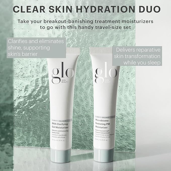 Glo Skin Beauty Clear Skin Hydration Duo Travel Size Skincare Set Includes BHA Clarifying Gel Moisturizer + Microbiome Restoring PM Moisturizer – For Clear Skin On The Go