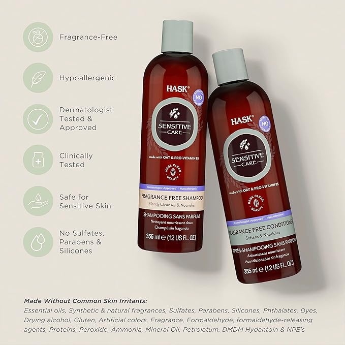 HASK Sensitive Care Shampoo + Conditioner Set | Fragrance-Free, Paraben-Free, Sulfate-Free, Gluten-Free, Vegan, Cruelty-Free, Color Safe | 12oz each