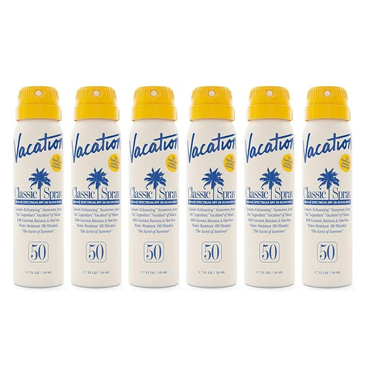 Vacation Mini Classic Sunscreen Spray SPF 50, Water-Resistant, Mini Sunscreen Bulk Party Favor, Sunblock Travel Size, TSA Suntan for Carry On, 1.7 Fl. Oz. (Value Pack of 6)